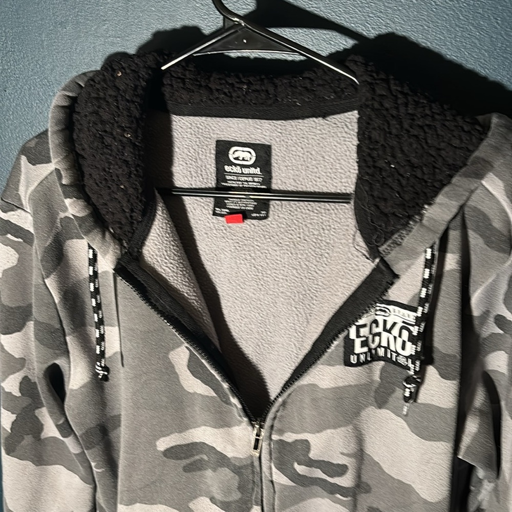 Y2K Ecko Unltd Rhino Sherpa Lined Zip-Up Camo Hoodie Gray/Black Size Medium